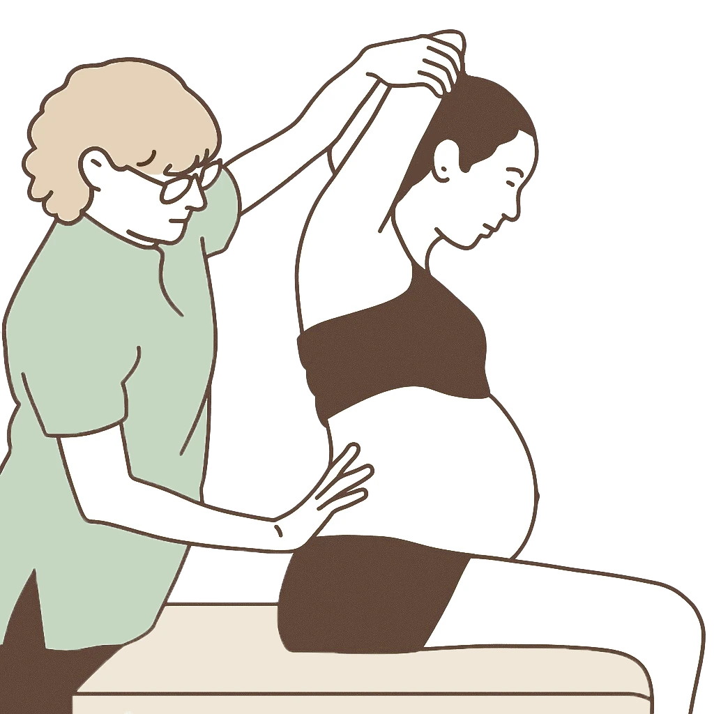 Pregnant woman sits on a bench while a helper supports and raises her arms for a stretch behind her.