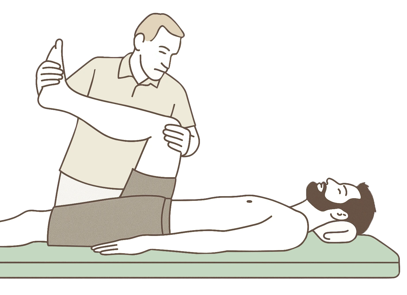 A person lying on a table as another person gently raises and straightens his leg for a therapeutic stretch.