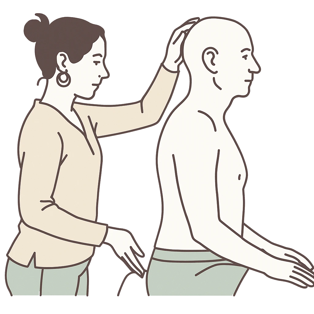 Woman giving a head massage to a seated bald man.