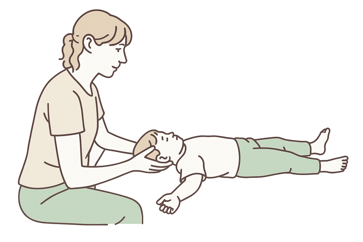 Adult first aider tilting a child's head to open the airway while the child lies on their back.